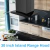 30 inch Stainless Steel Kitchen Island Range Hood 900CFM Tempered Glass 3 Speed Black LEDs